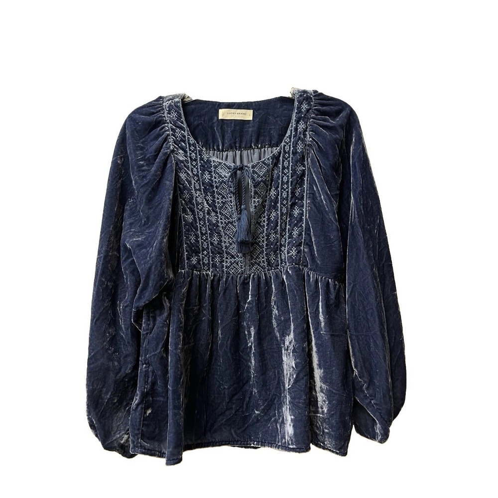 Lucky Brand Blue Velvet Embroidered Peasant Top Blue Size Small